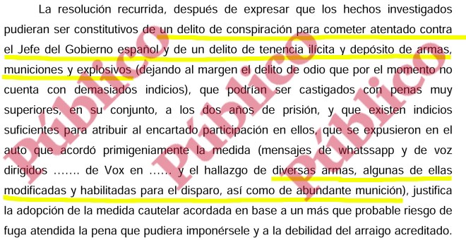 Fragmento del auto de los magistrados de la Audiencia Provincial de Barcelona que confirmó la prisión sin fianza del francotirador franquista que quería asesinar a Pedro Sánchez.