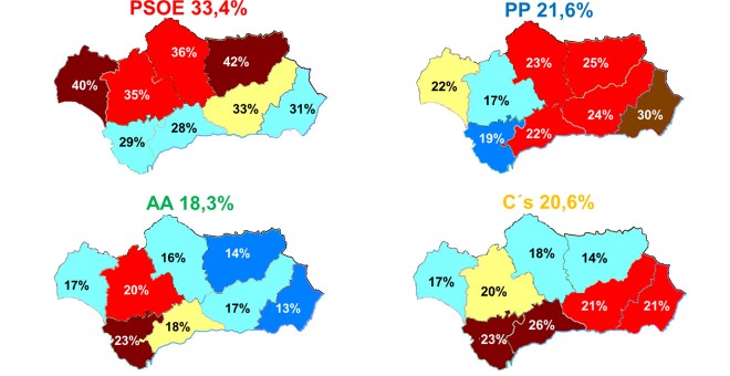 Resultados previstos por Key Data en porcentajes de votos válidos para las autonómicas del 2-D en Andalucía, por provincias y partidos.