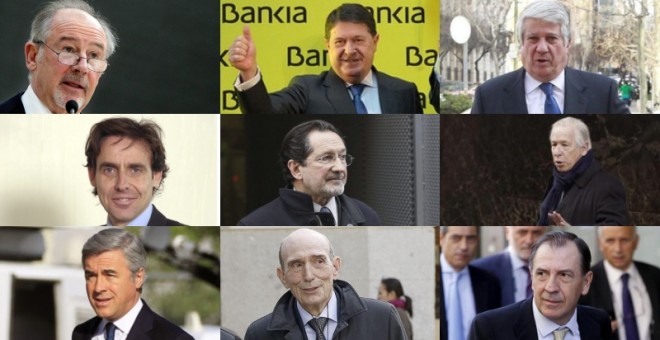 Nueve de los 32 imputados por el fiasco de la salida a bolsa de Bankia, de izquierda a derecha: Rodrigo Rato, José Luis Olivas, Arturo Fernández, Francisco Javier López Madrid, José Antonio Moral Santín, Ricardo Romero de Tejada, Ángel Acebes, José Manuel