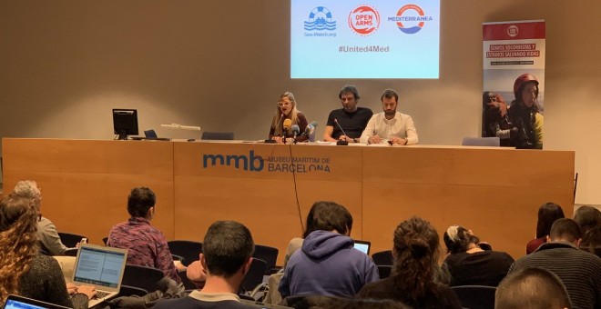 Presentació de United4Med, la unió entre Proactiva Open Arms, Mediterranea i Sea Watch per tornar a la mar a salvar vides de persones migrades. Òscar Camps