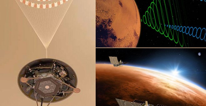 El módulo de aterrizaje de InSight desplegará un paracaídas durante el descenso. Los datos de su llegada a la superficie marciana los retransmitirá a la Tierra casi en tiempo real los pequeños satélites MarCO A y B. / NASA
