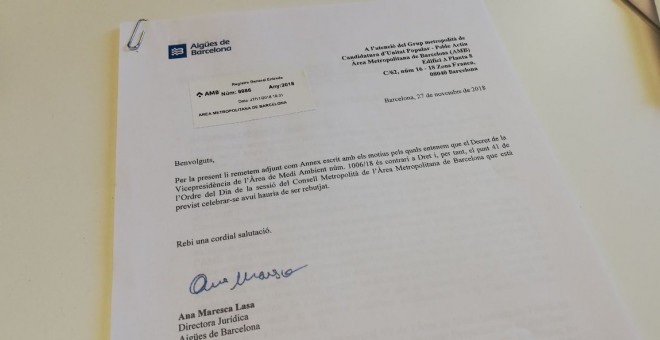 La carta que ha enviat Aigües de Barcelona als grups polítics. CUP AMB.