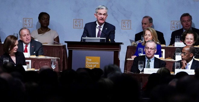 El presidente de la Reserva Federal, Jerome Powell, durante su intervención en el Economic Club de Nueva York. REUTERS/Carlo Allegri