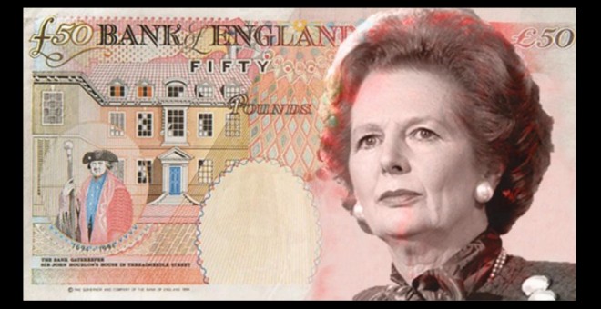Simulación de los nuevos billetes de 50 libras con la efigie de Margaret Thatcher diseñada por los promotores de la campaña a favor de la ex primera ministra británica.