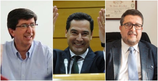 De izquierda a derecha: Juan Marín (Cs), Juanma Moreno Bonilla (PP) y Francisco Serrano (Vox).