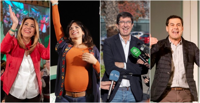 Los candidatos a la presidencia de Andalucía de los principales partidos: Susana Díaz (PSOE), Teresa Rodríguez (Adelante Andalucía), Juan Marín (Ciudadanos), y Juan Manuel Moreno Bonilla (PP). EFE