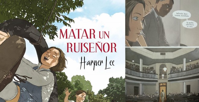 Portada y viñeta de Matar a un ruiseñor, novela gráfica de Fred Fordham que adapta la novela de Harper Lee