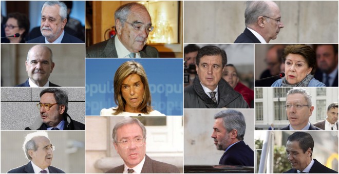 De izquierda a derecha y de arriba abajo: José Antonio Griñán, Rodolfo Martín Villa, Rodrigo Rato, Manuel Chaves, Ana Mato, Jaume Matas, Magdalena Álvarez, Narcís Serra, Alberto Ruiz-Gallardón, Virgilio Zapatero, José Barrionuevo, Ángel Acebes, Eduardo Za