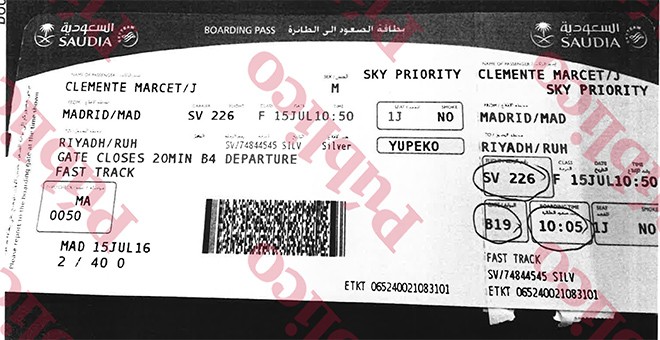 Último billete de avión a Arabia Saudí entregado por Clemente Marcet en uno de los juzgado españoles donde está procesado por estafa, para justificar su ausencia a una declaración.