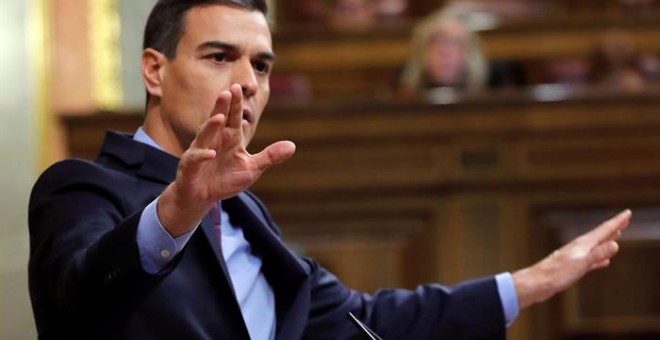 El presidente del Gobierno, Pedro Sánchez, durante su nueva comparecencia ante el pleno del Congreso. /EFE