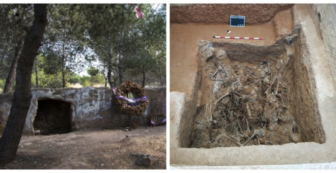 A la izquierda, el paredón España. A la derecha, una fosa común del cementerio de Paterna con los fusilados en el paredón.