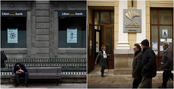 Oficinas de Liberban, en Oviedo, y de Unicaja, en Ronda (Málaga). REUTERS