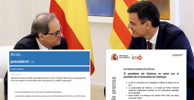 Imagenes de los comunicados enviados por la Generalitat de Catalunya y por el Palacio de la Moncloa, sobre la reunión de Quim Torra y Pedro Sánchez en Barcelona.