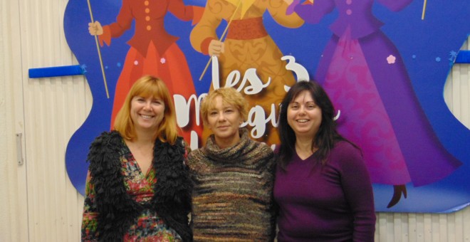 Les tres magues d'enguany. D'esquerra  adreta, Maria Escalona (Llibertat), Pilar Soriano (Fraternitat-Sororitat) i Beatriu Cardona (Igualtat). HÈCTOR SERRA.