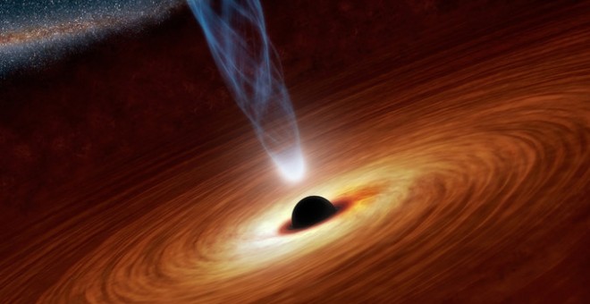 Ilustración de un agujero negro, con su disco de acreción y corona, representada como una luz blanca en la base del chorro de rayos X. NASA/JPL-CalTech