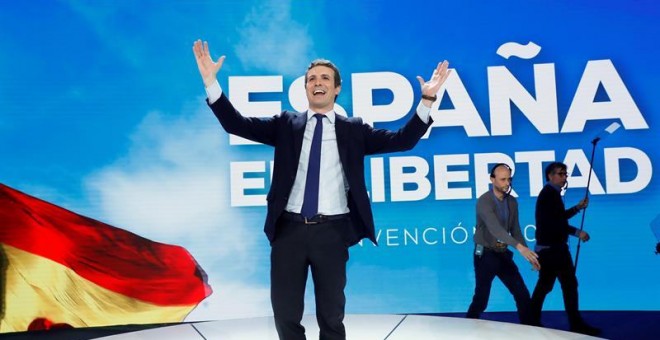 El president del PP, Pablo Casado, durant la clausura de la Convenció Nacional del Partit Popular al Recinte Ferial IFEMA de Madrid. EFE/Chema Moya