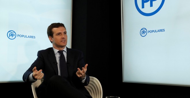 El presidente del PP, Pablo Casado,  durante su entrevista con con la agencia Efe. EFE/ Ballesteros