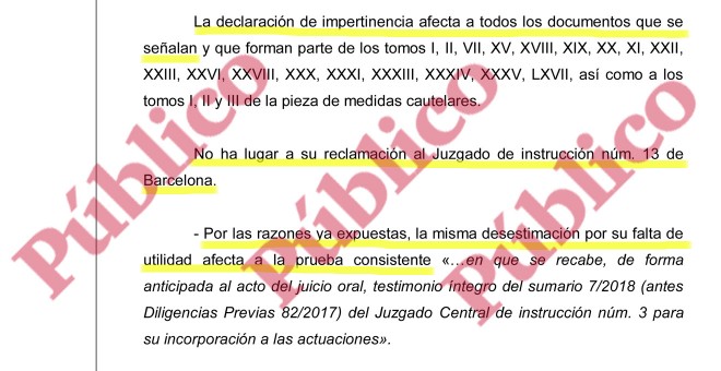 Declaración de impertinencia de todos los documentos del Juzgado de Instrucción 13 de Barcelona.