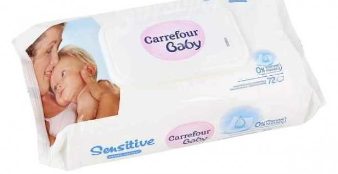 Imagen de las toallitas Carrefour Baby Sensitive 72, de las que se han retirado tres lotes por la presencia de una bacteria.
