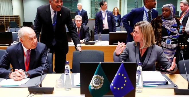 Arab League Secretary-General Ahmed Abul Gheit and EU foreign policy chief Federica Mogherini attend a joint meeting of European Union and League of Arab States foreign ministers in Brussels, Belgium February 4, 2019. REUTERS/Francois Lenoir