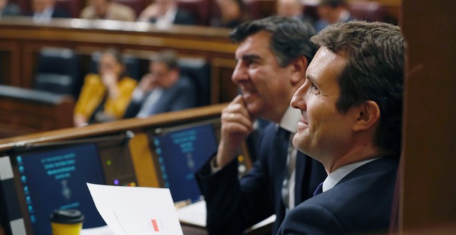 El presidente del PP, Pablo Casado, en el último pleno del Congreso antes de la convocatoria de elecciones. EFE/J.P.Gandul