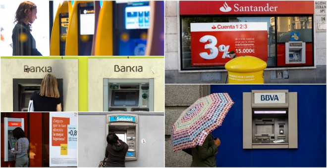 Cajeros automáticos en oficinas de los seis mayores bancos españoles, Caixabank, Bankia, Bankinter, Sabadell, Santander, y BBVA. EFE/REUTERS