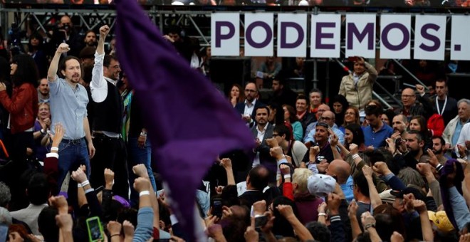 Pablo Iglesias en su regreso en el mitin en Madrid
