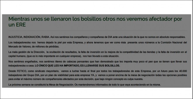 Comunicado borrado del sindicato Fetico sobre el ERE en Dia.