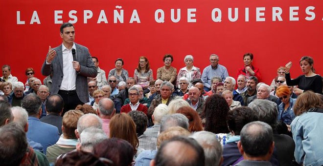 Pedro Sánchez, durante un acto de campaña electoral en Madrid. / EFE