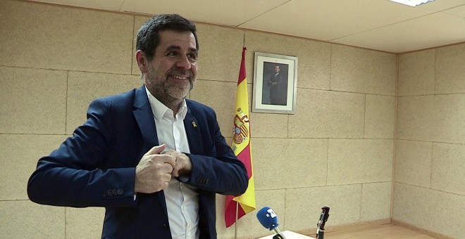 El cabeza de lista de JxCat al Congreso por Barcelona, Jordi Sànchez, ras una rueda de prensa por vía telemática desde el centro penitenciario de Soto del Real en Madrid. EFE POOL