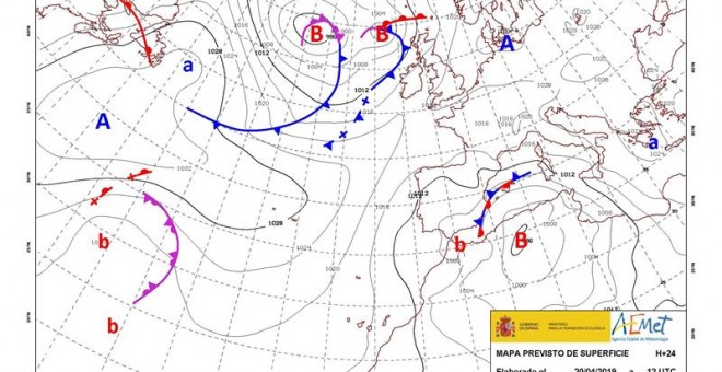 Mapa de isobaras facilitado por la Aemet el 20/04/2019 y previsto para el 21/04/2019. EFE