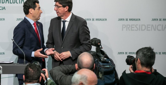 Juanma Moreno y Juan Marín hacen balance de sus primeros cien días al frente del Gobierno de  Andalucía