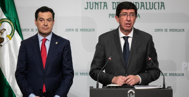 Juanma Moreno y Juan Marín hacen balance de sus primeros cien días al frente del Gobierno de  Andalucía. Europa Press