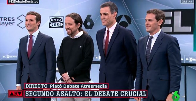 Pedro Sánchez, Pablo Casado, Albert Rivera y Pablo Iglesias, antes del debate en Atresmedia.