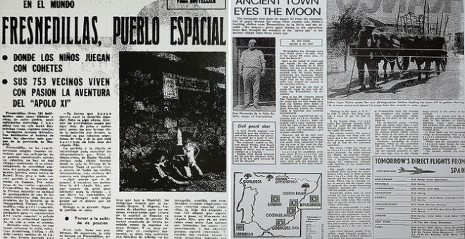 A la izquierda, una página del periódico Pueblo de la dictadura franquista. A la derecha, Iberian Daily Sun. Prensa nacional e internacional se hacía eco de la hazaña vivida en Fresnedillas en julio de 1969.