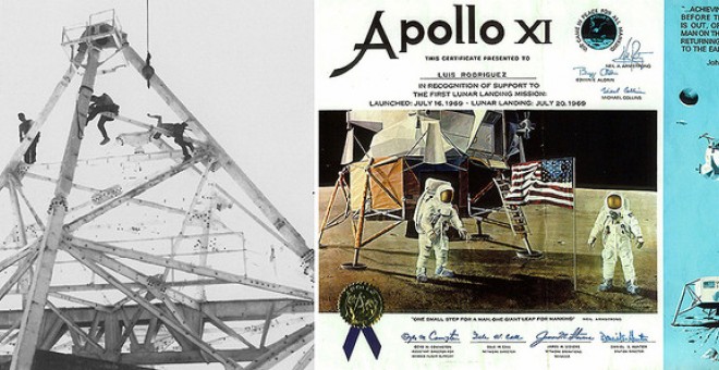 Obreros trabajando en la antena y diploma que entregó la NASA a Luis Rodríguez por su participación en la misión Apolo XI. / Publicación 40 aniversario