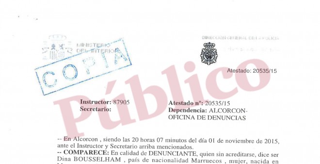Primer página de la denuncia puesta por la colaboradora de Pablo Iglesias el 1 de noviembre de 2015 en dependencias policiales.