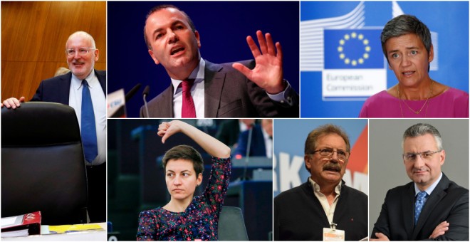 En la foto, de izquierda a derecha, y de arriba a abajo: Frans Timmermans del Partido Socialista Europeo (PSE), Manfred Weber del Partido Popular Europeo (PPE)Margrethe Vestager del Grupo de la Alianza de los Liberales y Demócratas por Europa (ALDE), Ska