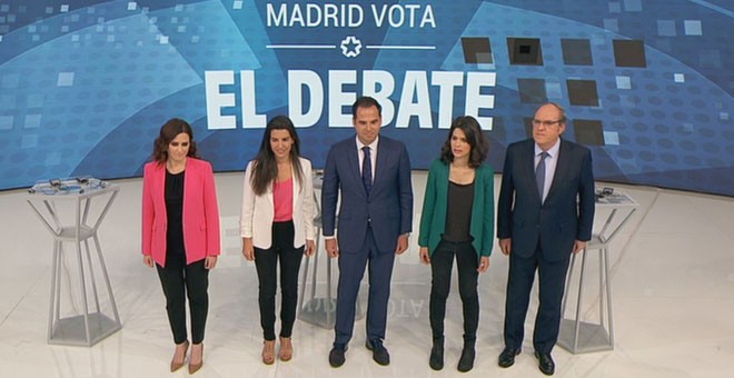 Isabel Díaz Ayuso, Rocío Monasterio, Ignacio Aguado, Isabel Serra y Ángel Gabilondo,en el debate de Telemadrid.