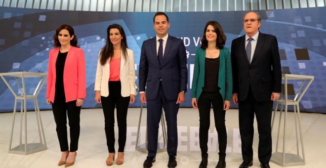 Los candidatos a la Presidencia de la Comunidad de Madrid Isabel Díaz Ayuso (PP). Rocío Monasterio (Vox), Ignacio Aguado (Ciudadanos), Isabel Serra (Podemos), y Ángel Gabilondo (PSOE). - EFE