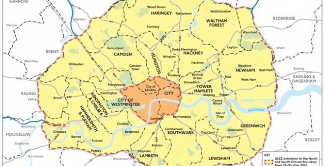 Mapa de Londres. En amarillo la Zona de Bajas Emisiones (LEZ) y en naranja la Zona de Emisiones Ultrabajas