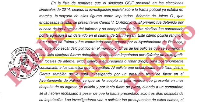 Fragmento del macro-informe de la Policía Judicial sobre las actividades de los policías escogidos por Garau para integrar las listas sindicales del CSIF.