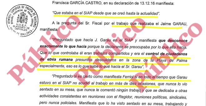 Fragmento de la declaración judicial de Francisca García Castro sobre las actividades de Garau en el SIAP.