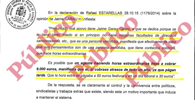 Fragmento de la declaración judicial de Rafael Estarellas sobre el carácter xenófobo de Jaime Garau.