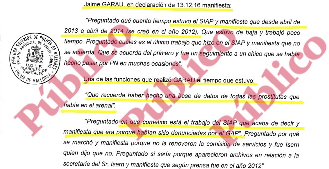 Fragmento de la declaración de Jaime Garau ante el juez en la que reconoce que elaboró una base de datos de las prostitutas de la Playa de Palma.
