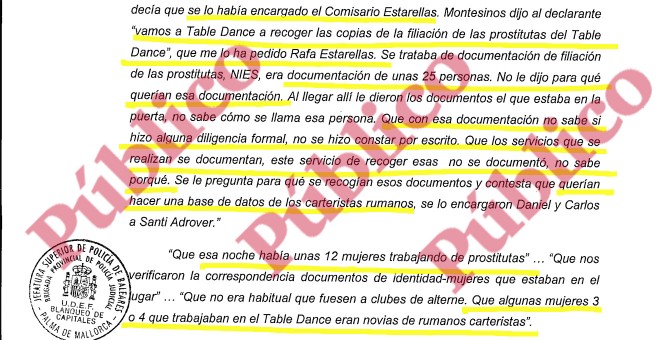 Fragmento de la declaración judicial de Francisco Ruiz Casado sobre una actuación del GAP en el prostíbulo Table Dance.