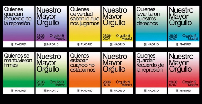 Cartele originales de la campaña para el Orgullo preparados por el equipo de Manuela Carmena. MÁS MADRID