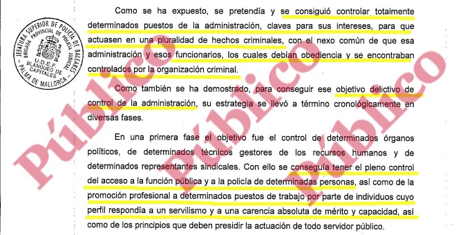 Fragmento del informe final de la Brigada Provincial de la Policía Judicial sobre el entramado de la mafia política y policial de Palma organizada por el PP de Balears.