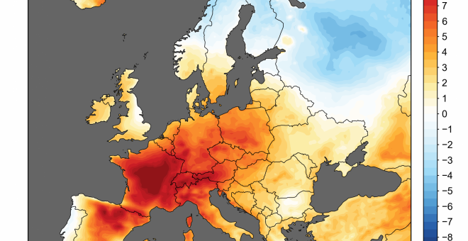 Mapa que muestra las anomalías en la temperatura (° C) estimadas a partir de ERA5 durante los 5 días del 25 al 29 de junio de 2019. (Crédito: ECMWF, Servicio de Cambio Climático de Copernicus).