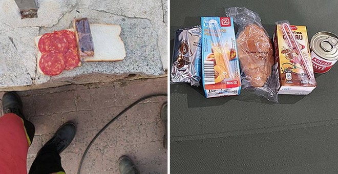 Imagen de un 'almuerzo' (i) y un 'desayuno' (d) de soldado de la UME. #45sinDespidos